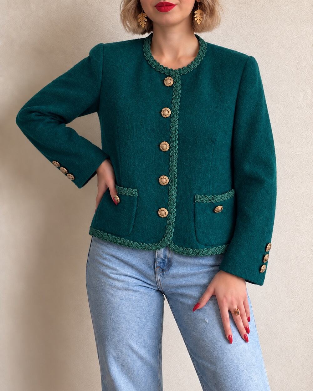 Vintage 1980s Herbert Grossman Wool Cardigan Blazer Green Gold Union Christmas